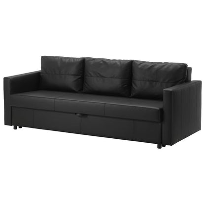 The FRIHETEN Sleeper Sofa is a modern black faux leather piece featuring three cushioned backrests and padded armrests. Its sleek lines and stylish design make it an ideal addition to any contemporary living area.