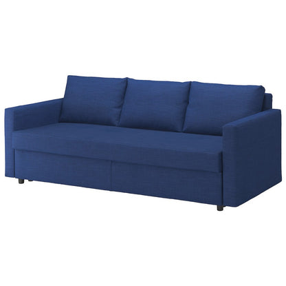 The FRIHETEN Sleeper Sofa in blue boasts a simple and modern design with three cushions, rectangular armrests, and a solid frame, making it an ideal choice for a cozy living room setting.