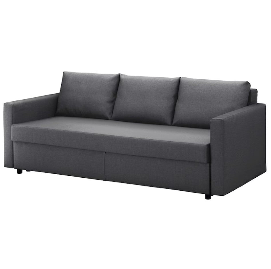 The FRIHETEN Sleeper Sofa is a modern piece featuring a dark gray finish, three back cushions, and straight armrests. Its clean, minimalist design is highlighted against a plain white background.