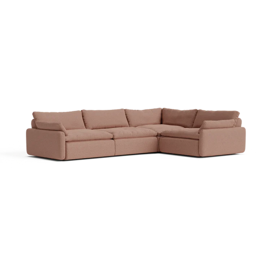 Introducing The Sink Down Sectional, a modern and spacious brown sofa that features three pieces configured in an L-shape. The plush cushions offer a comfortable seating experience, while its matte fabric finish perfectly complements any living room setting.