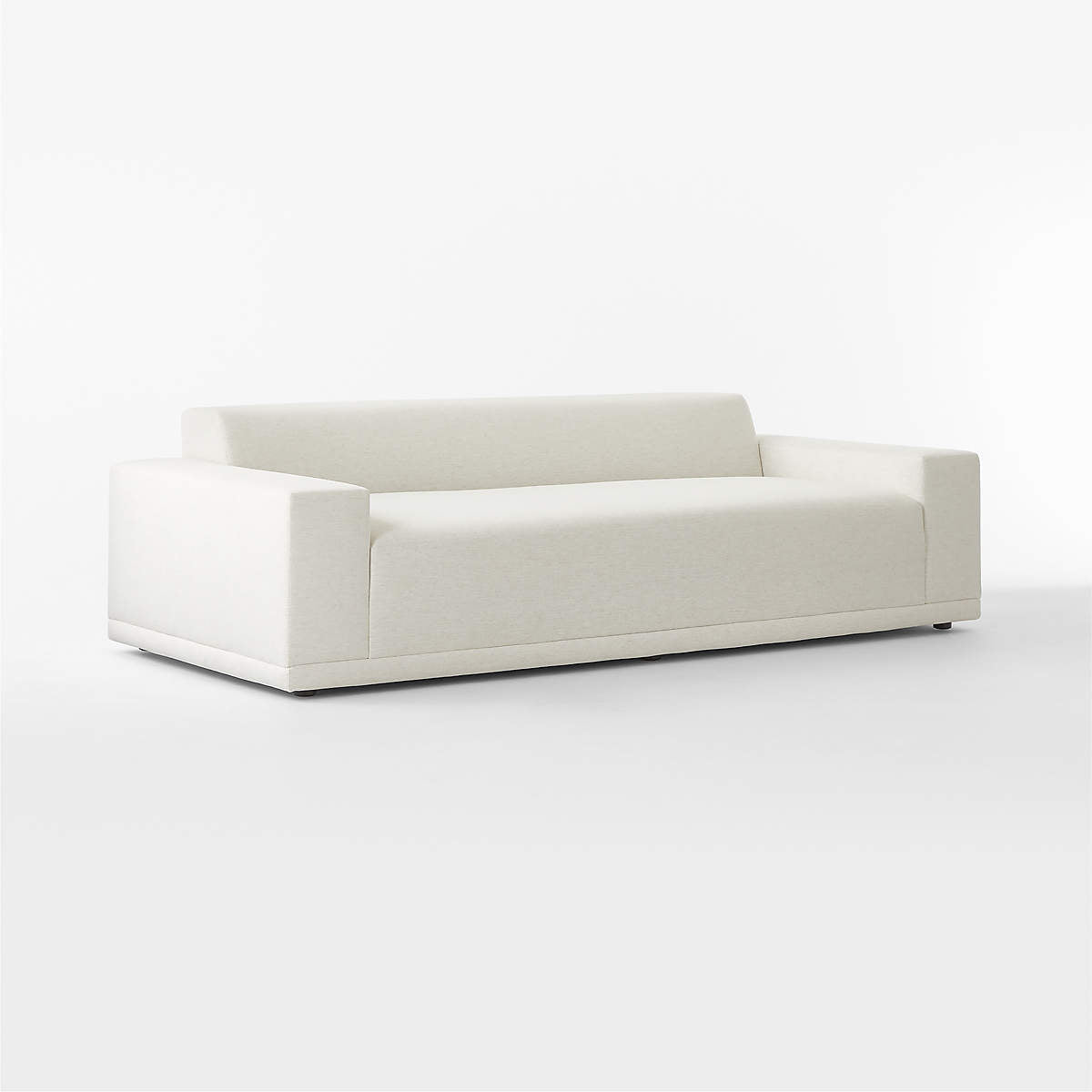 Faible 100" White Performance Fabric Sofa featuring a minimalist boxy design and wide armrests, showcased against a plain white background.