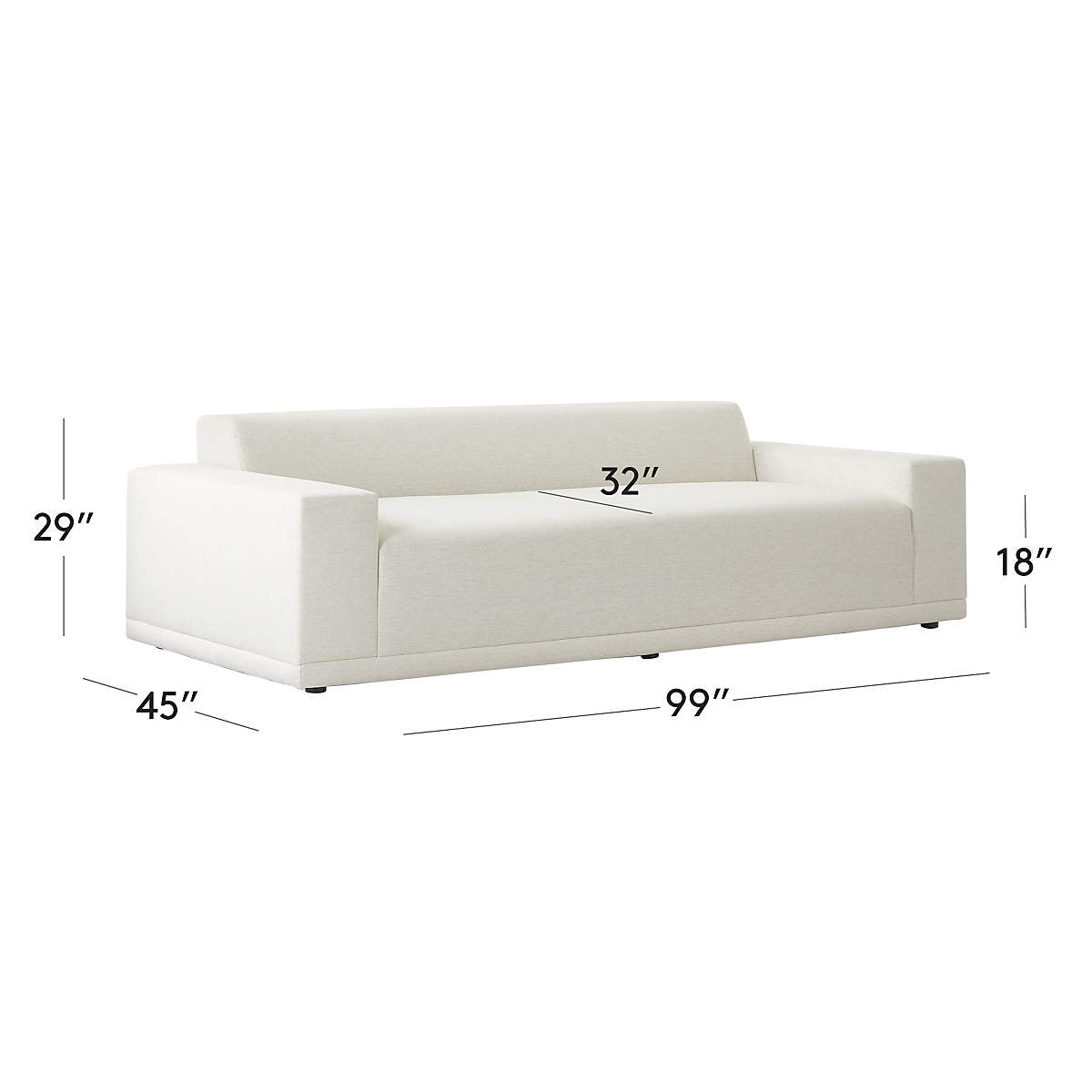 The Faible 100" White Performance Fabric Sofa, featuring a sleek and modern design, is displayed against a plain background. It includes dimensions labeled as 99 inches wide, 45 inches deep, 29 inches tall, with a seat height of 18 inches and a seat depth of 32 inches.