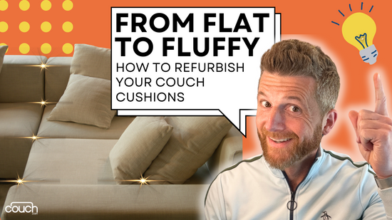 A man in a white jacket points upwards, smiling. Beside him, text reads: "From Flat to Fluffy: How to Refurbish Your Couch Cushions." Behind him, a beige couch with flat cushions and an illustrated light bulb are visible. The "couch" logo is in the bottom left corner.