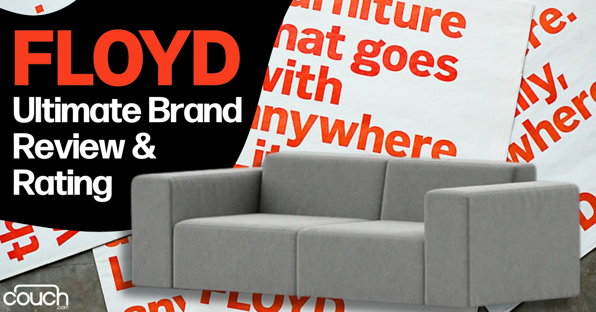 A grey sofa is placed against a background filled with scattered red and white text that reads, "Floyd: The furniture that goes anywhere." The main text on the image says, "FLOYD Ultimate Brand Review & Rating." The brand logo "couch" is in the bottom left corner.
