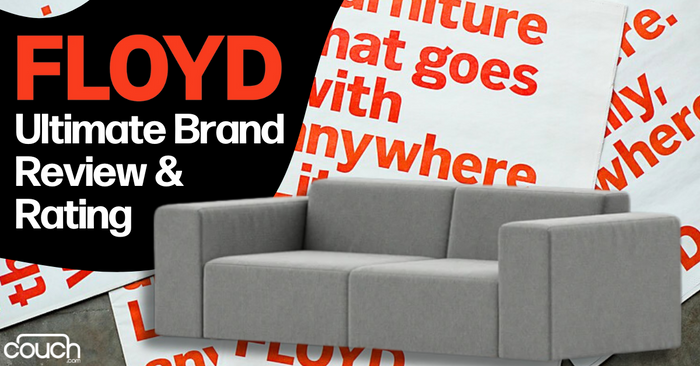 A grey sofa is placed against a background filled with scattered red and white text that reads, "Floyd: The furniture that goes anywhere." The main text on the image says, "FLOYD Ultimate Brand Review & Rating." The brand logo "couch" is in the bottom left corner.