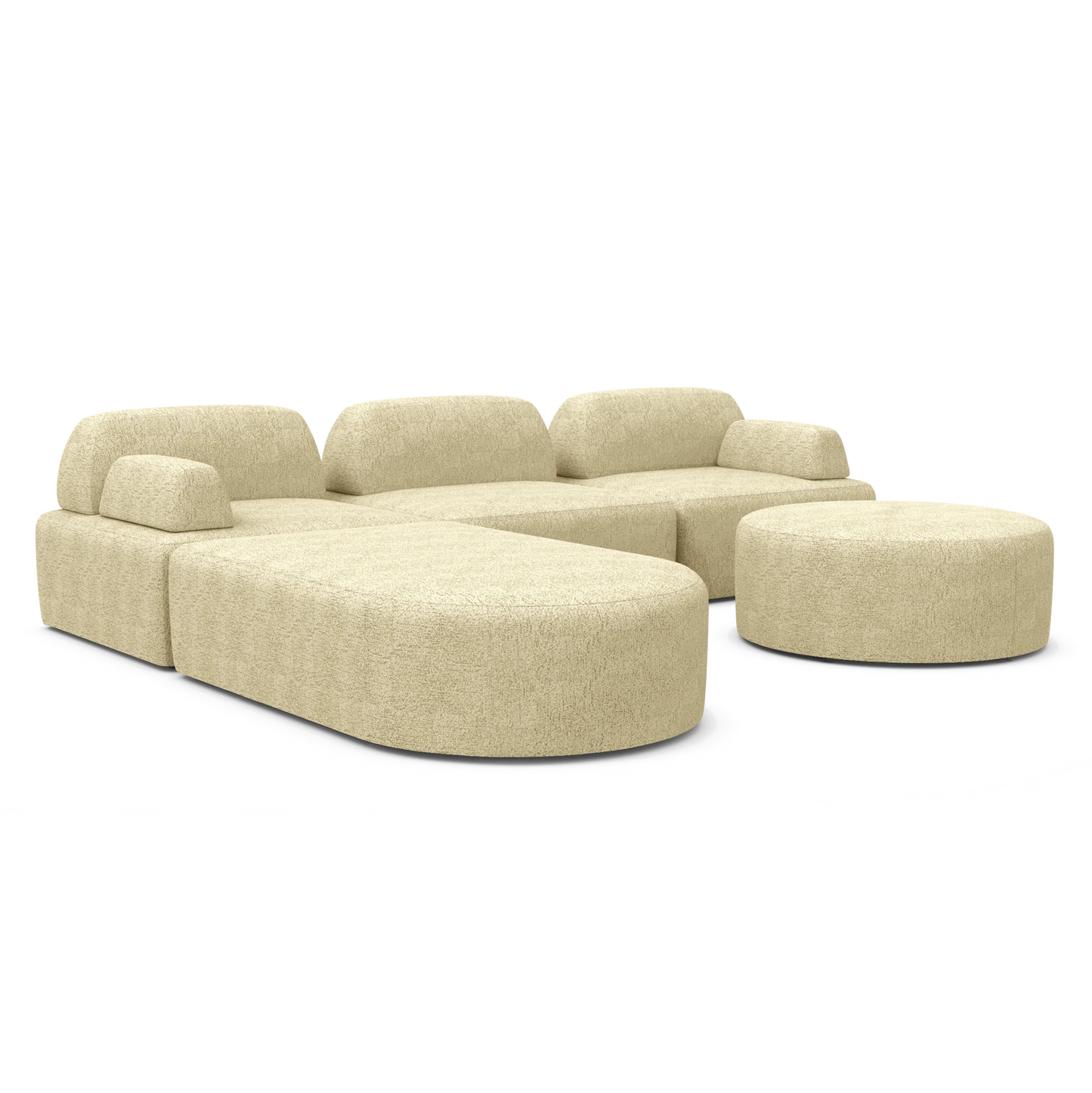 The Magna Preconfigured Sectional, a modern beige sectional sofa featuring curved edges, comes with a matching round ottoman. Set against a white background, this furniture piece highlights its minimalist design and plush texture.