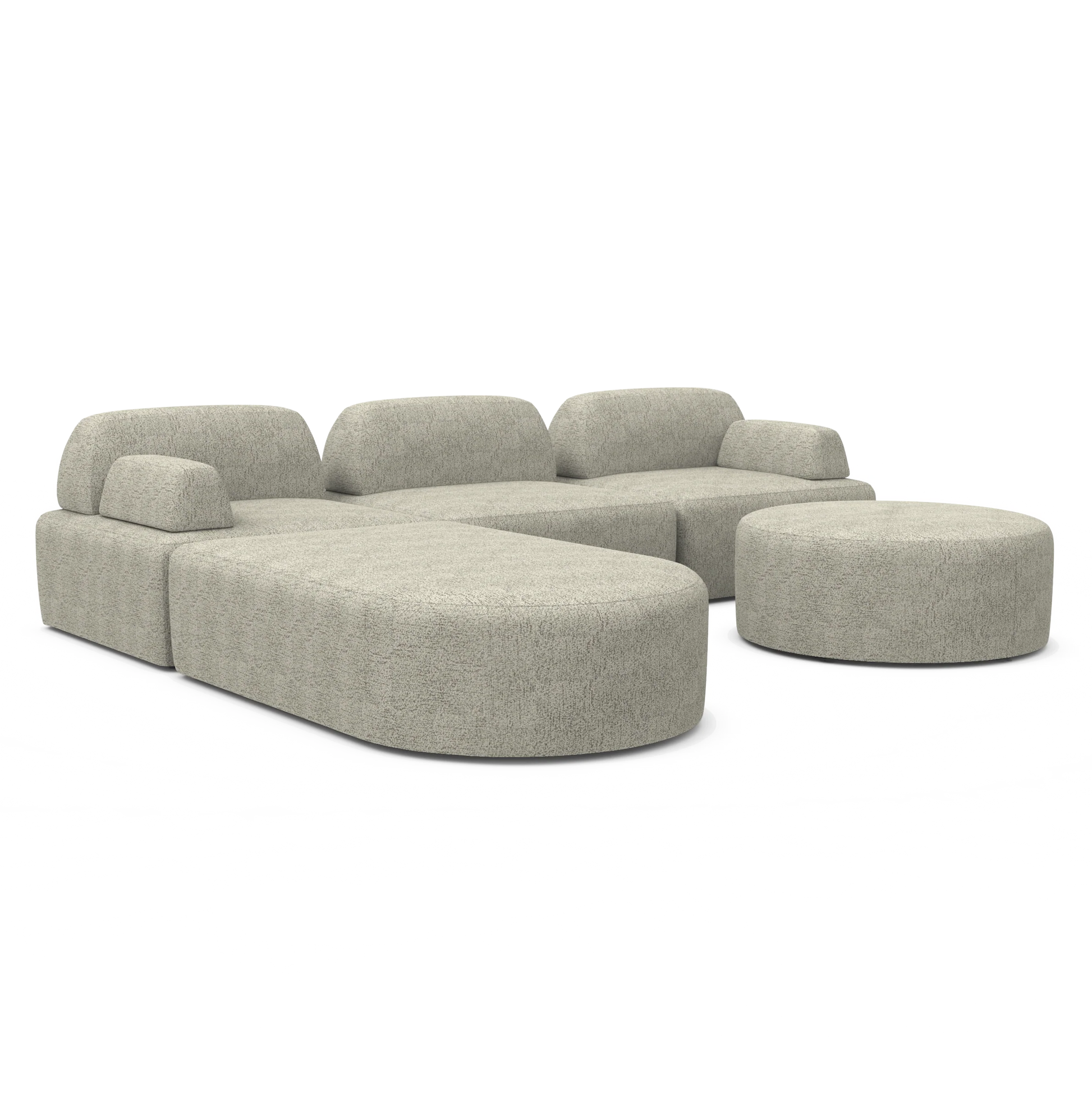 The Magna Preconfigured Sectional is showcased on a white background, boasting a modular gray fabric design with a large L-shaped section and a rounded ottoman. It features a minimalist style with smooth edges and no visible legs.