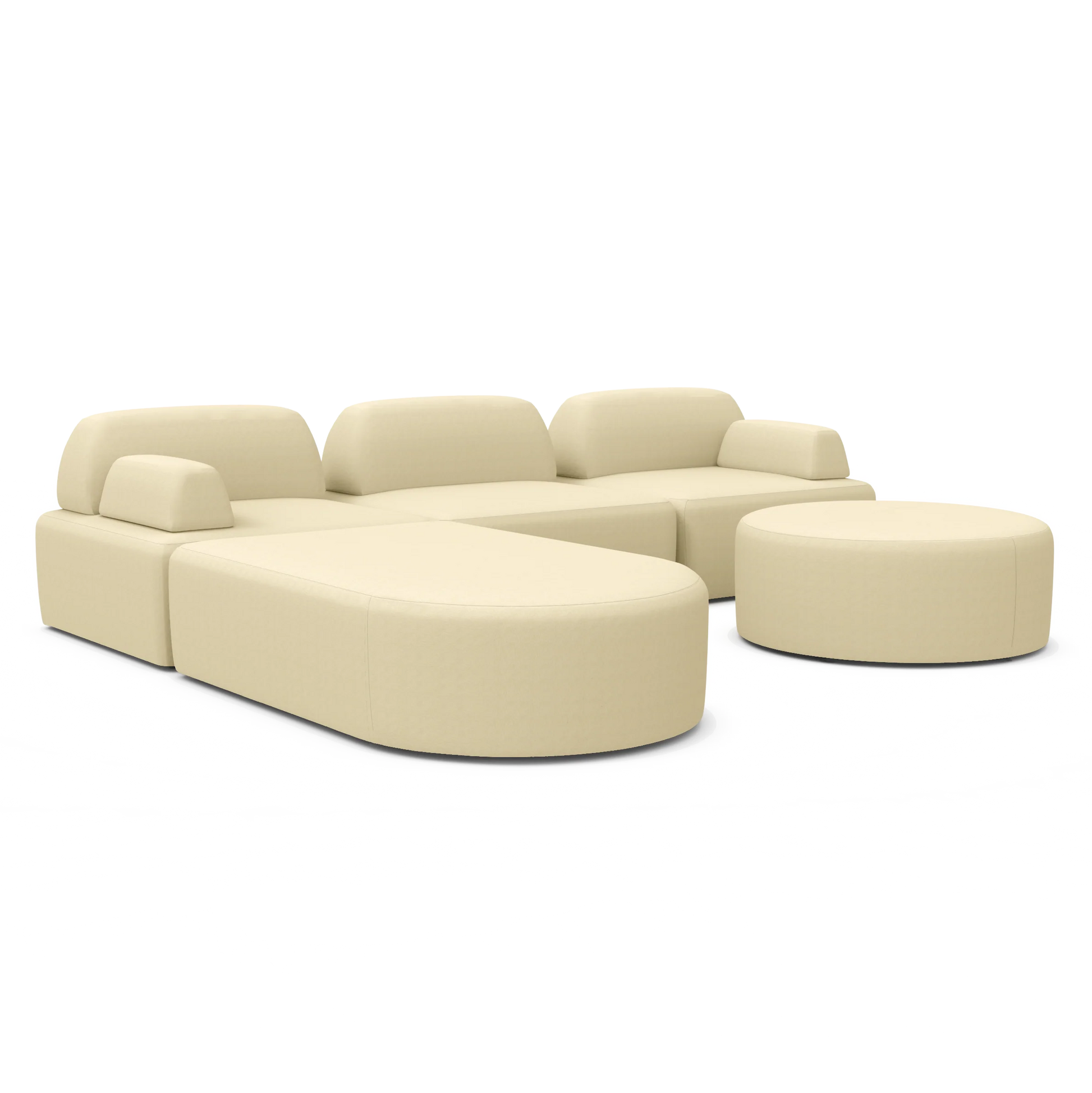 Introducing the Magna Preconfigured Sectional: a modern beige sectional sofa with smooth, round edges. It features multiple seating sections and comes with a matching round ottoman, all beautifully showcased against a plain white background.