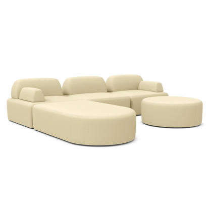 Introducing the Magna Preconfigured Sectional: a modern beige sectional sofa with smooth, round edges. It features multiple seating sections and comes with a matching round ottoman, all beautifully showcased against a plain white background.