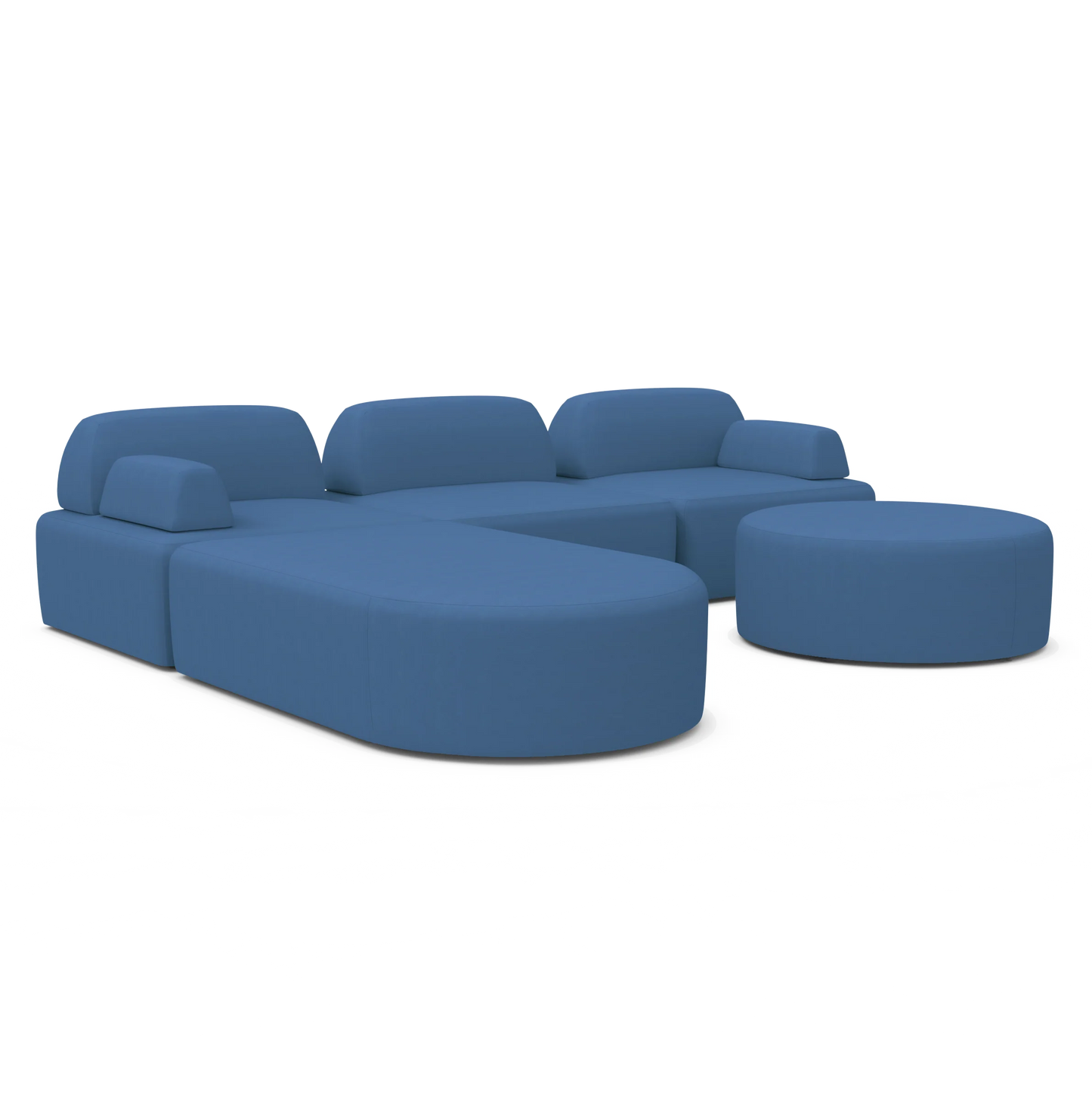 The Magna Preconfigured Sectional is a modular blue sofa set that includes a matching round ottoman. It boasts a stylish, minimalist design with rounded edges and low-profile backrests, perfectly complemented by a neutral background.