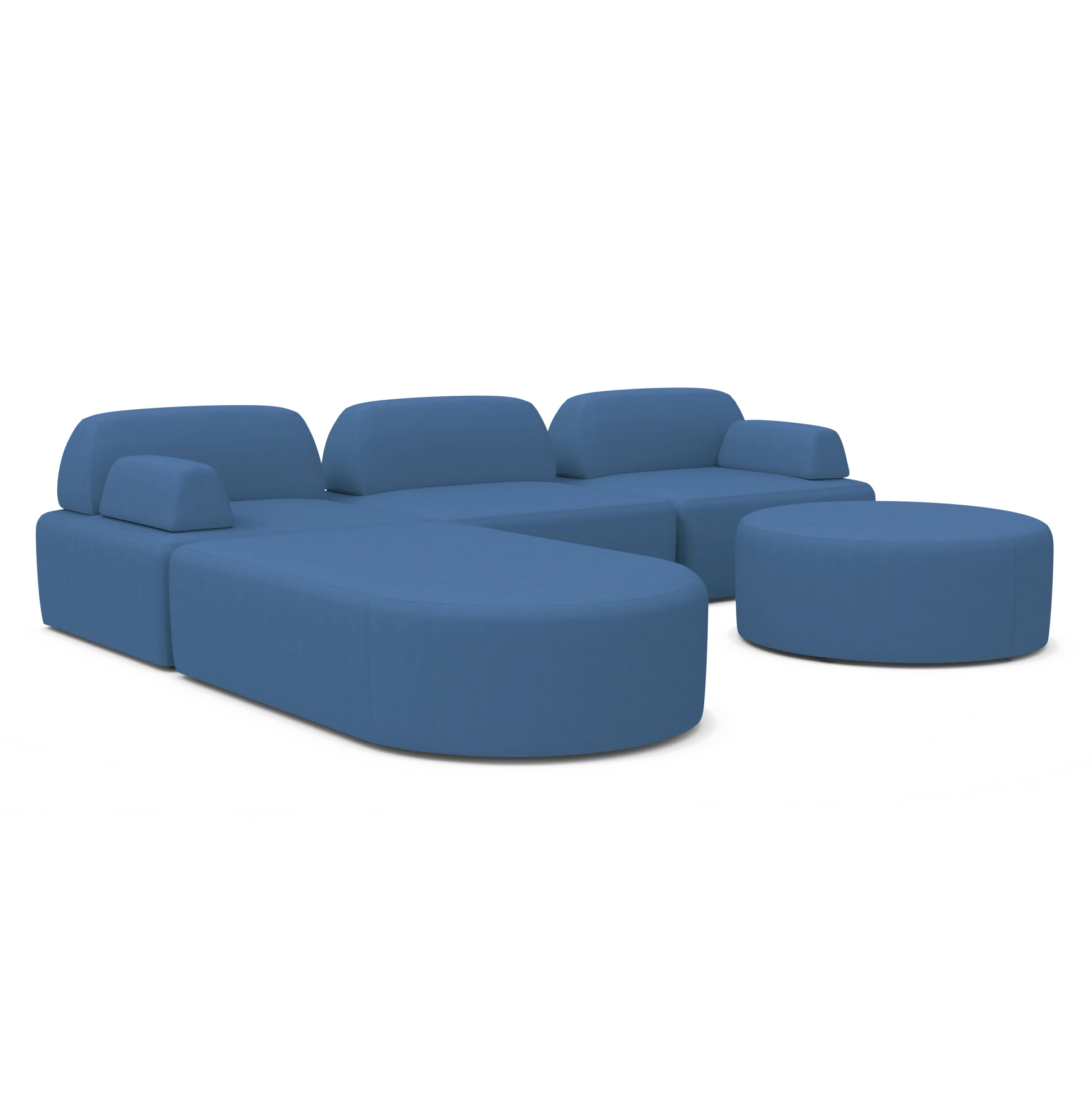 The Magna Preconfigured Sectional is a modular blue sofa set that includes a matching round ottoman. It boasts a stylish, minimalist design with rounded edges and low-profile backrests, perfectly complemented by a neutral background.