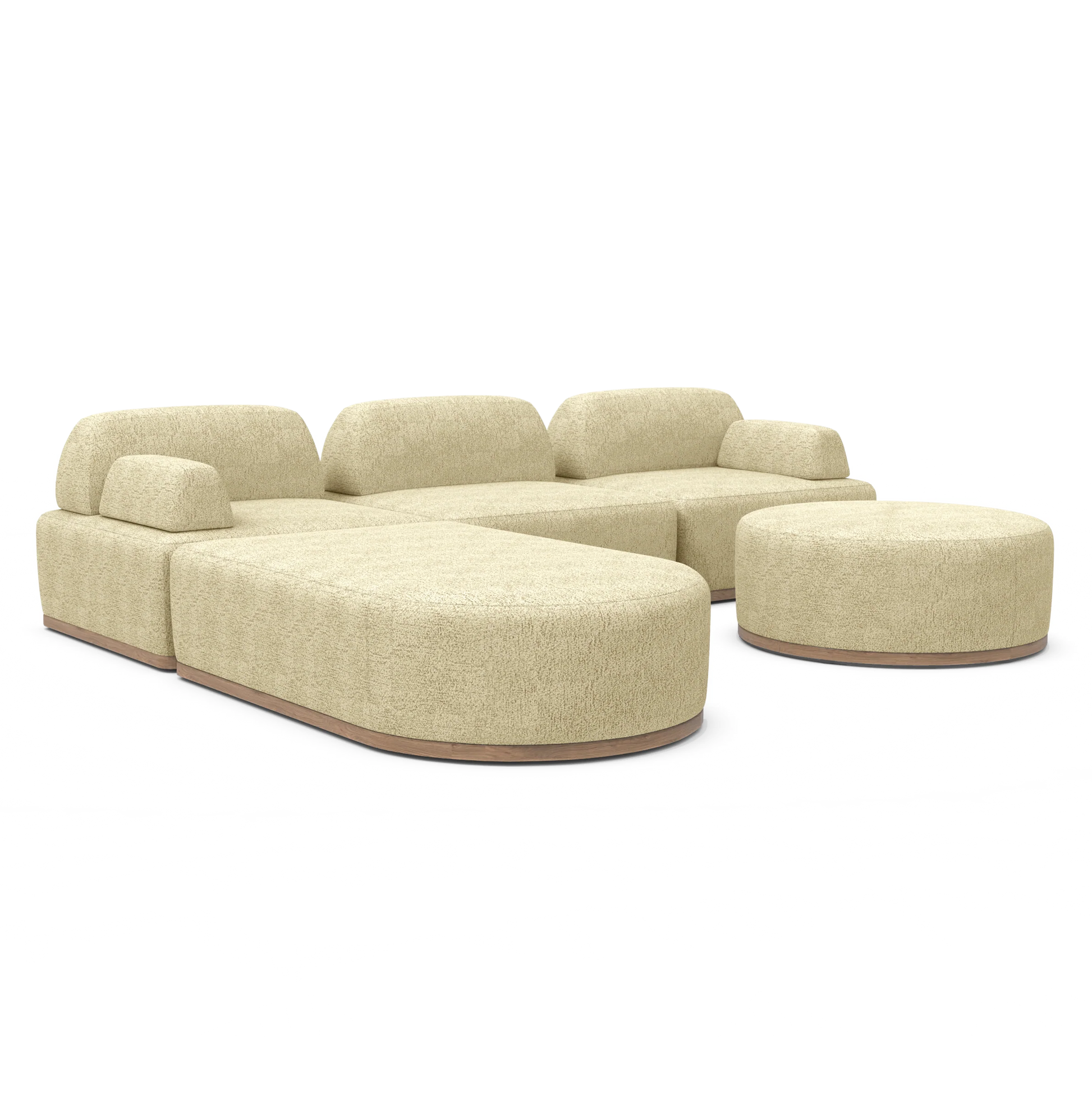 Introducing the Magna Preconfigured Sectional—a contemporary, beige-colored modular sofa with rounded edges, paired with a coordinating round ottoman. This sofa boasts plush cushions and a sleek texture, all displayed against a simple white background.