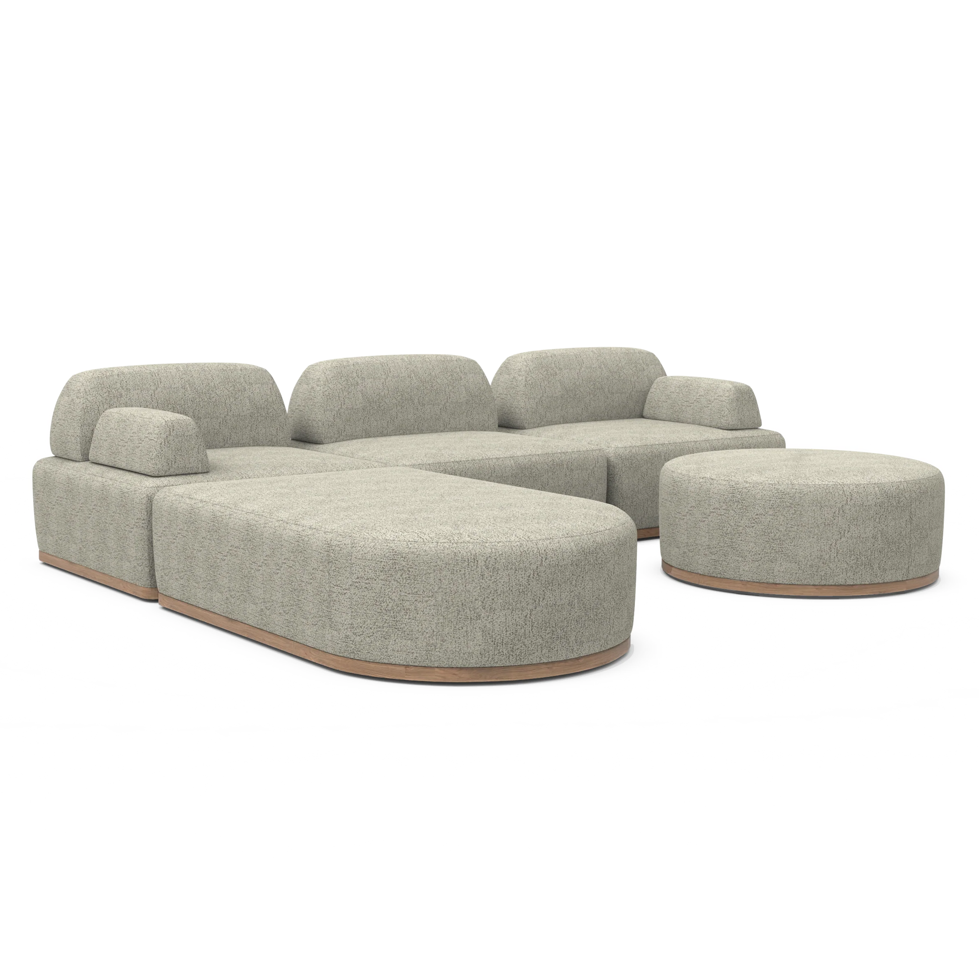 The Magna Preconfigured Sectional is a beige modular sofa with rounded sections and a matching round ottoman, featuring wooden bases. Its design is contemporary and minimalist, set against a white background.