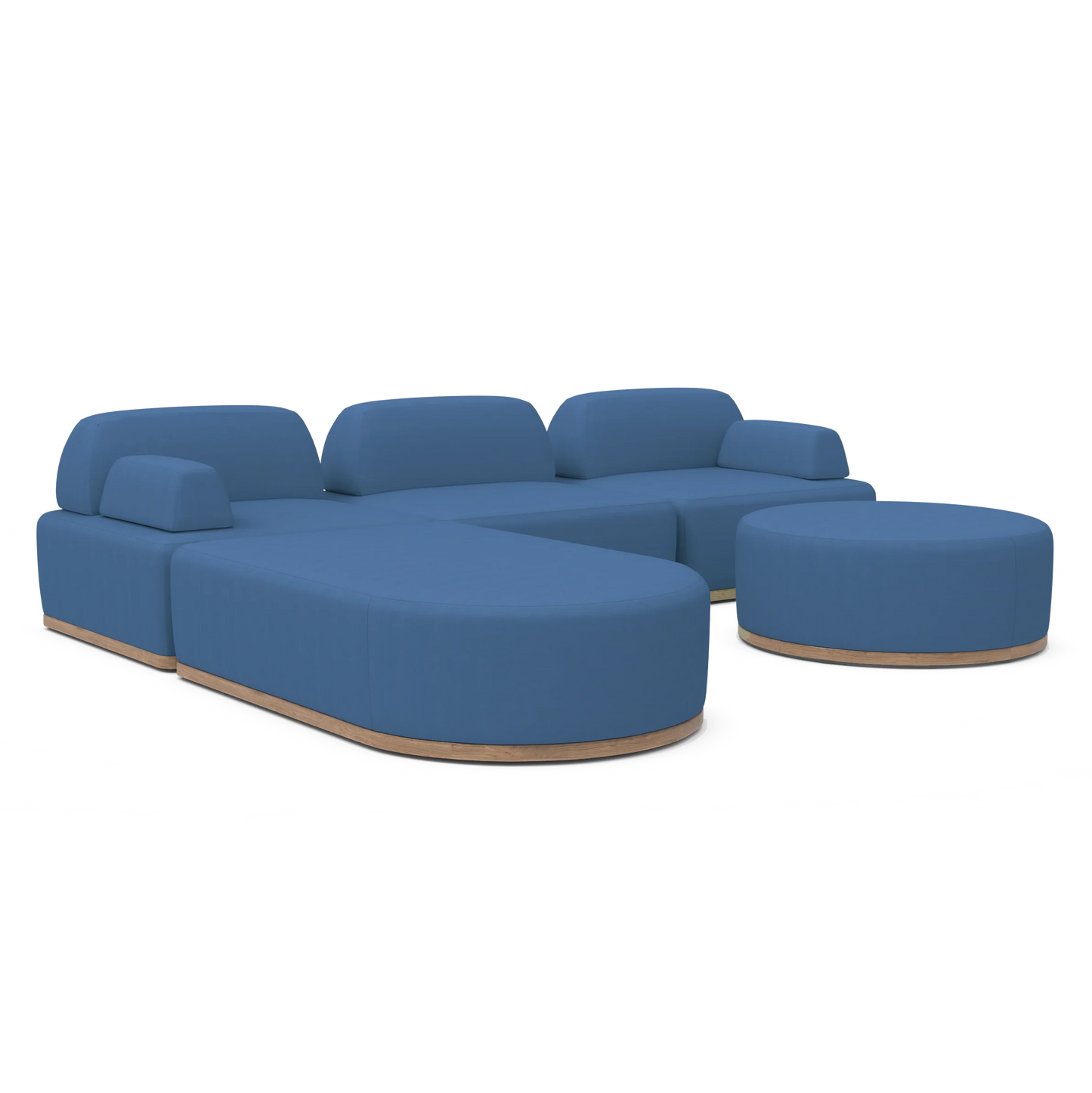 The Magna Preconfigured Sectional is a contemporary, modular sofa set designed with clean lines and a minimalist aesthetic. It features adjustable backrests and a matching round ottoman, all elegantly set on a wooden base in blue, making it an ideal choice for modern living spaces.