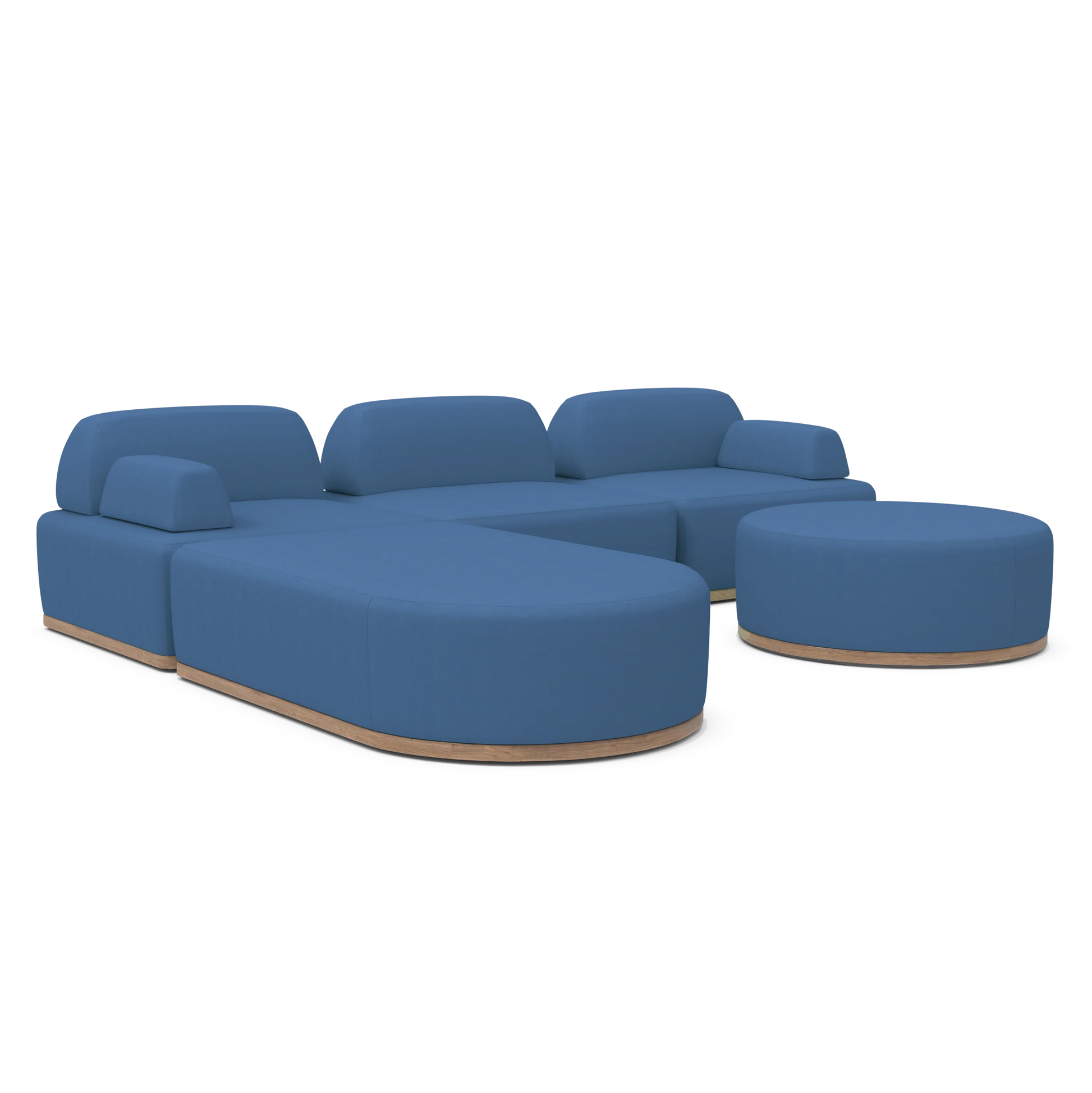 The Magna Preconfigured Sectional is a contemporary, modular sofa set designed with clean lines and a minimalist aesthetic. It features adjustable backrests and a matching round ottoman, all elegantly set on a wooden base in blue, making it an ideal choice for modern living spaces.