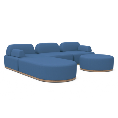 The Magna Preconfigured Sectional is a contemporary, modular sofa set designed with clean lines and a minimalist aesthetic. It features adjustable backrests and a matching round ottoman, all elegantly set on a wooden base in blue, making it an ideal choice for modern living spaces.