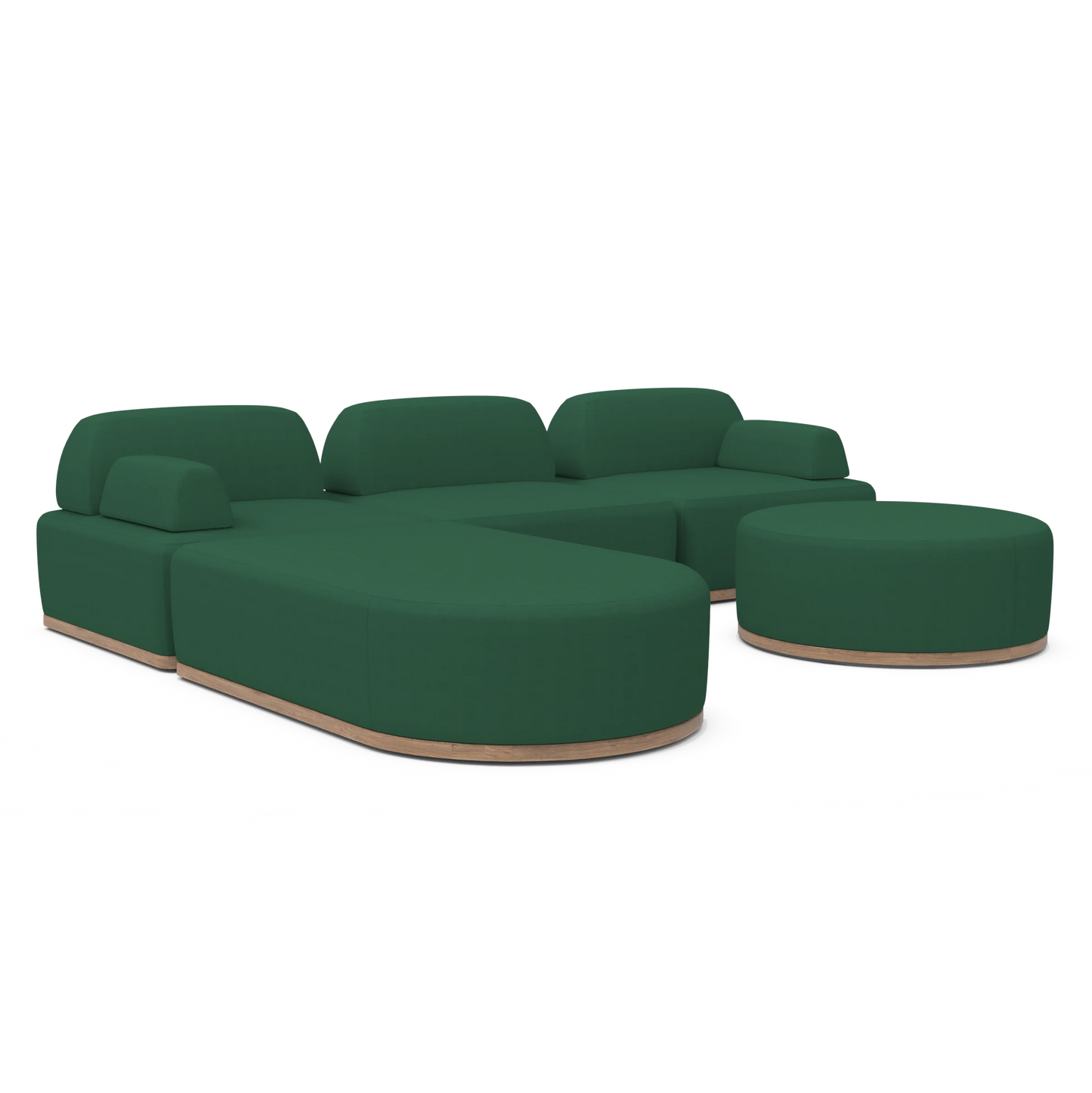 The Magna Preconfigured Sectional offers a contemporary style with a green modular design, featuring rounded edges and a light wood base, multiple seating sections, and an ottoman for spacious arrangements.