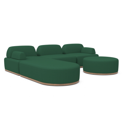 The Magna Preconfigured Sectional offers a contemporary style with a green modular design, featuring rounded edges and a light wood base, multiple seating sections, and an ottoman for spacious arrangements.