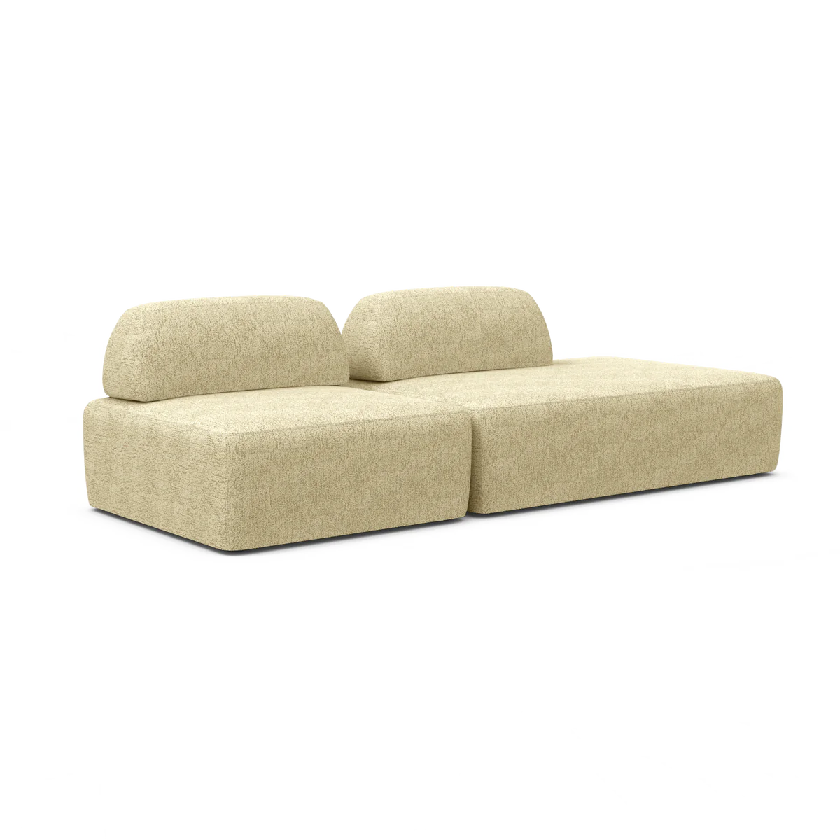 Introducing the Magna Preconfigured Sectional: a beige two-piece modular sofa featuring low-profile cushions and a minimalist design against a white backdrop.