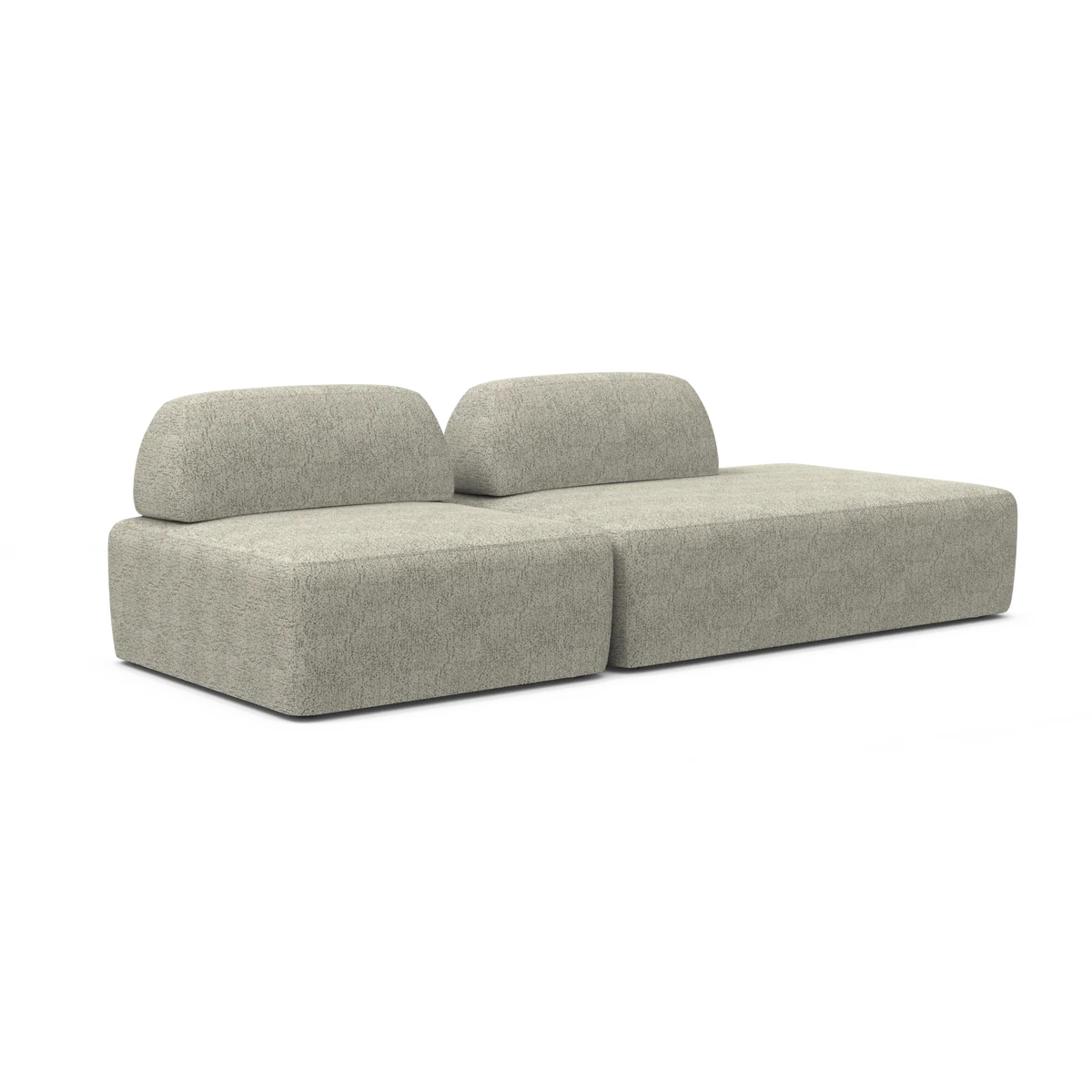 The Magna Preconfigured Sectional is a contemporary modular sofa in textured gray fabric, featuring two separate back cushions and a low-profile, block-style design that exudes a minimalist and modern aesthetic.