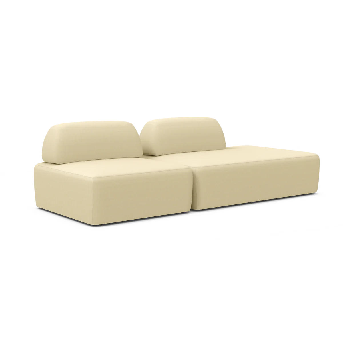 The Magna Preconfigured Sectional is a beige modular sofa that features two sections and two backrests. Its fabric is soft and modern, crafted for comfort and style in a contemporary living space.