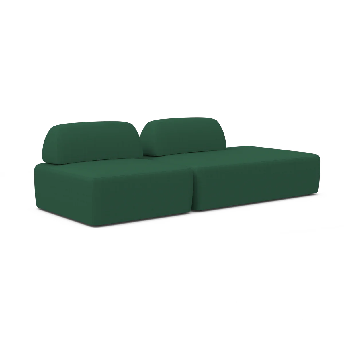 The Magna Preconfigured Sectional is a contemporary, green modular sofa featuring two backrest cushions and a minimalist design. It is divided into two sections and displayed against a plain white background.