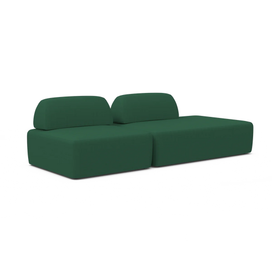 The Magna Preconfigured Sectional is a contemporary, green modular sofa featuring two backrest cushions and a minimalist design. It is divided into two sections and displayed against a plain white background.