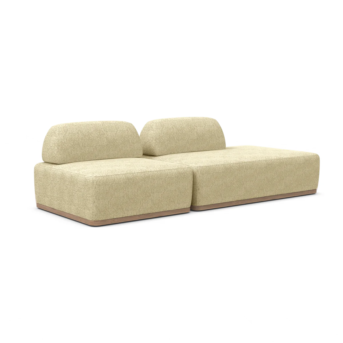 Introducing the Magna Preconfigured Sectional, a minimalist modern beige sectional sofa featuring two backrests and a wooden base. This stylish seating option consists of two connected pieces, providing spacious and contemporary comfort.