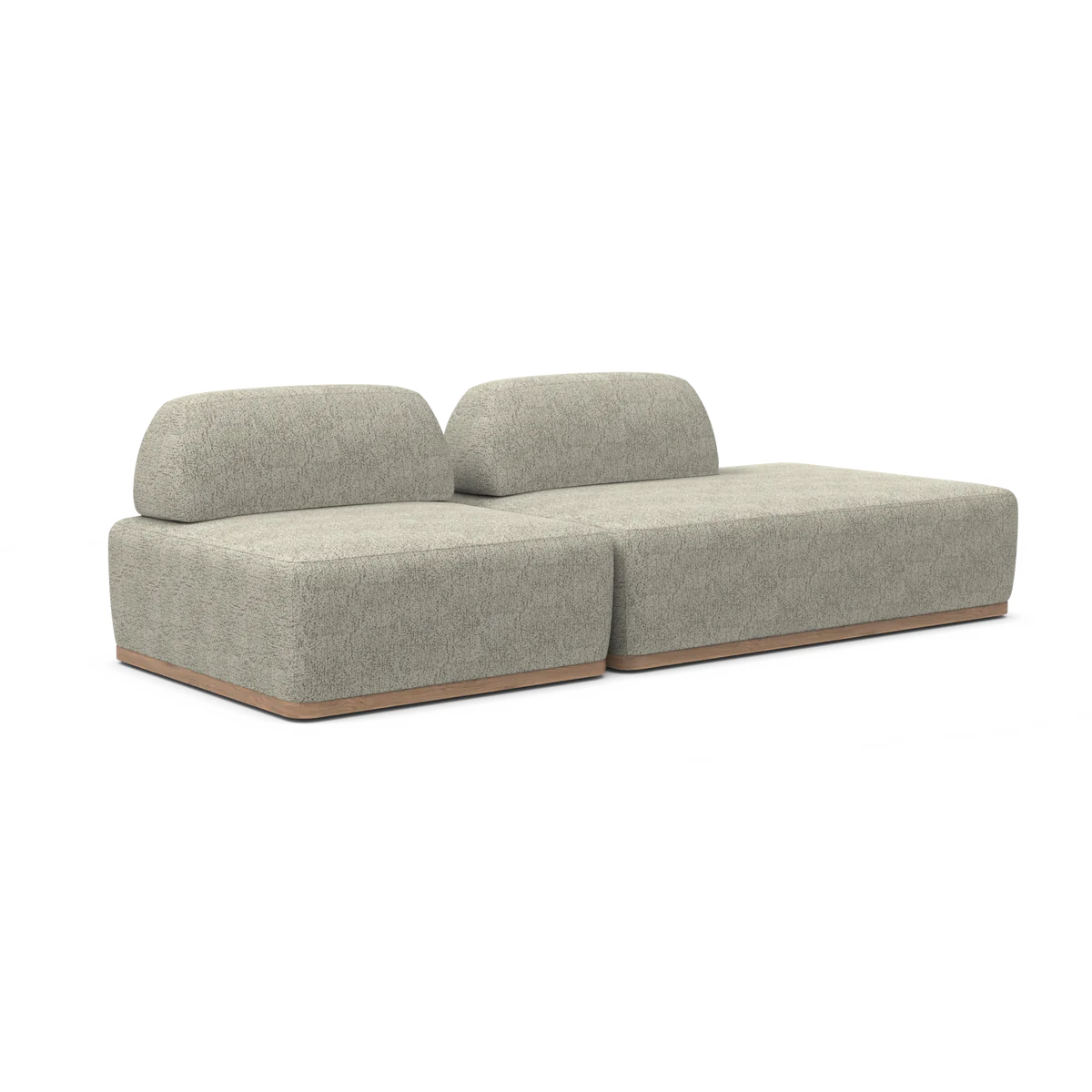 Introducing the Magna Preconfigured Sectional, a modern minimalist two-seater sofa adorned in textured light gray upholstery. It boasts a sleek, block design with low cushions and a wooden base, elegantly set against a plain white background.