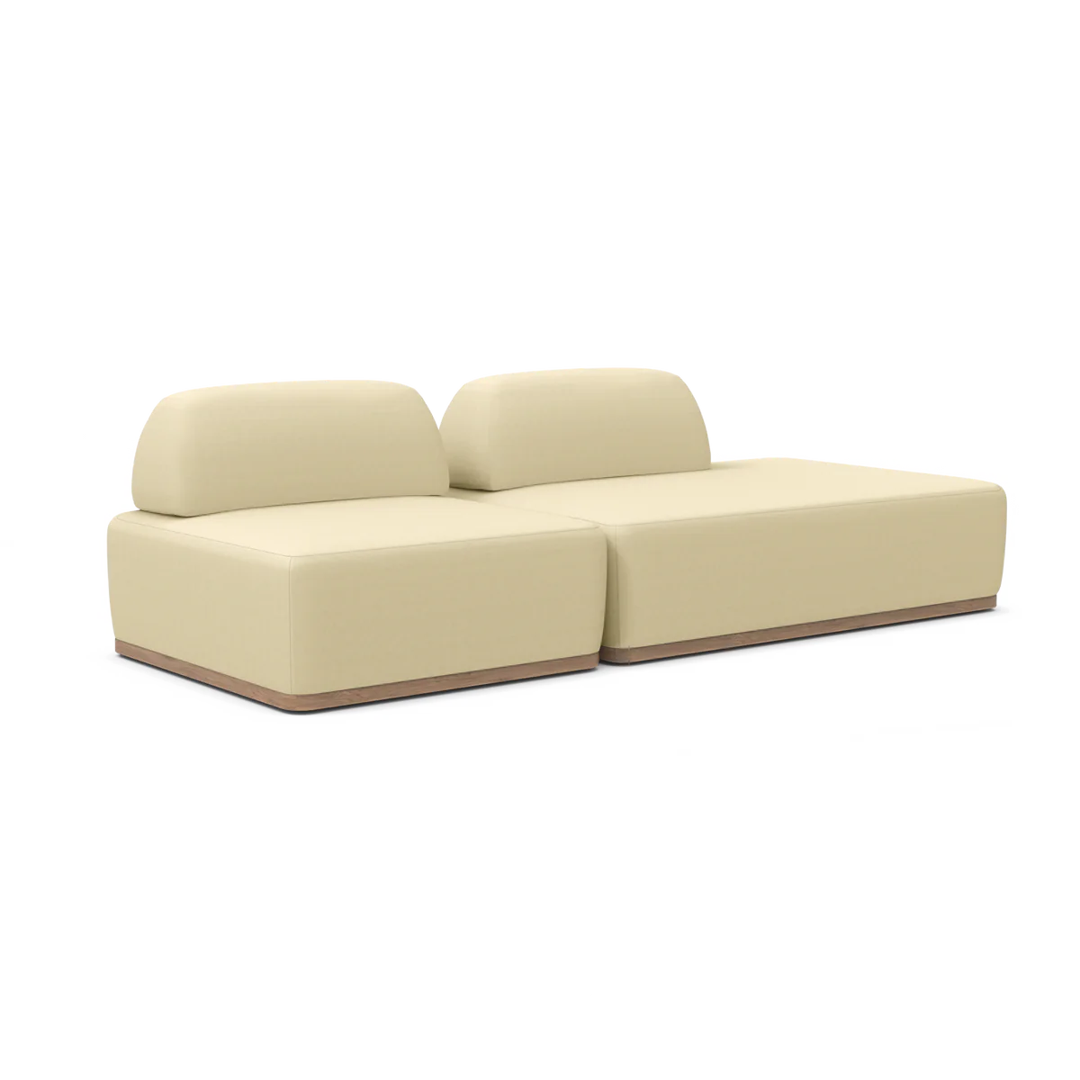 The Magna Preconfigured Sectional is a minimalist, modern beige couch featuring two backrests on a wooden base. It consists of two sections, offering a sleek and contemporary appearance.