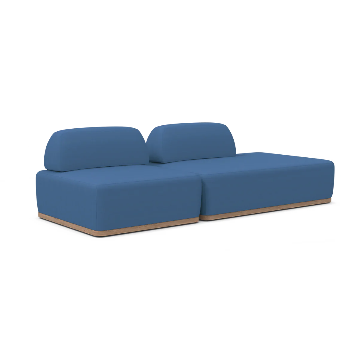 Introducing the Magna Preconfigured Sectional: a modern two-seater sofa in a stylish blue color, featuring a minimalist design with a wooden base. It is equipped with two backrests and boasts a sleek, low-profile appearance, all showcased against a plain white background.