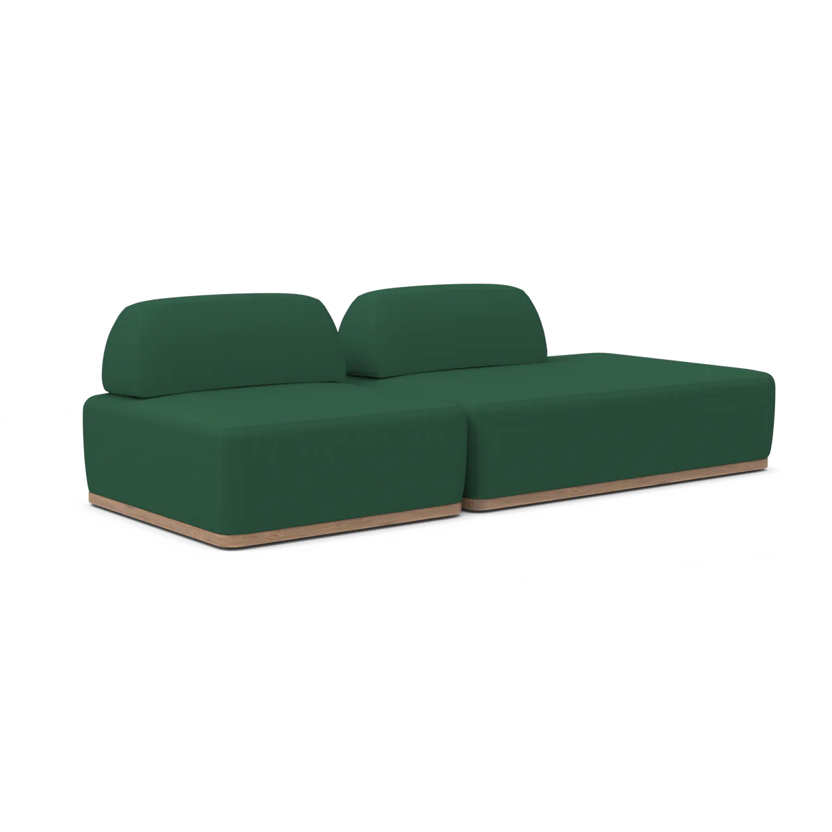 The Magna Preconfigured Sectional is a modern green sofa featuring two distinct backrests and a sleek wooden base, perfectly showcased against a plain white background. It is ideal for stylish and minimalist interiors.