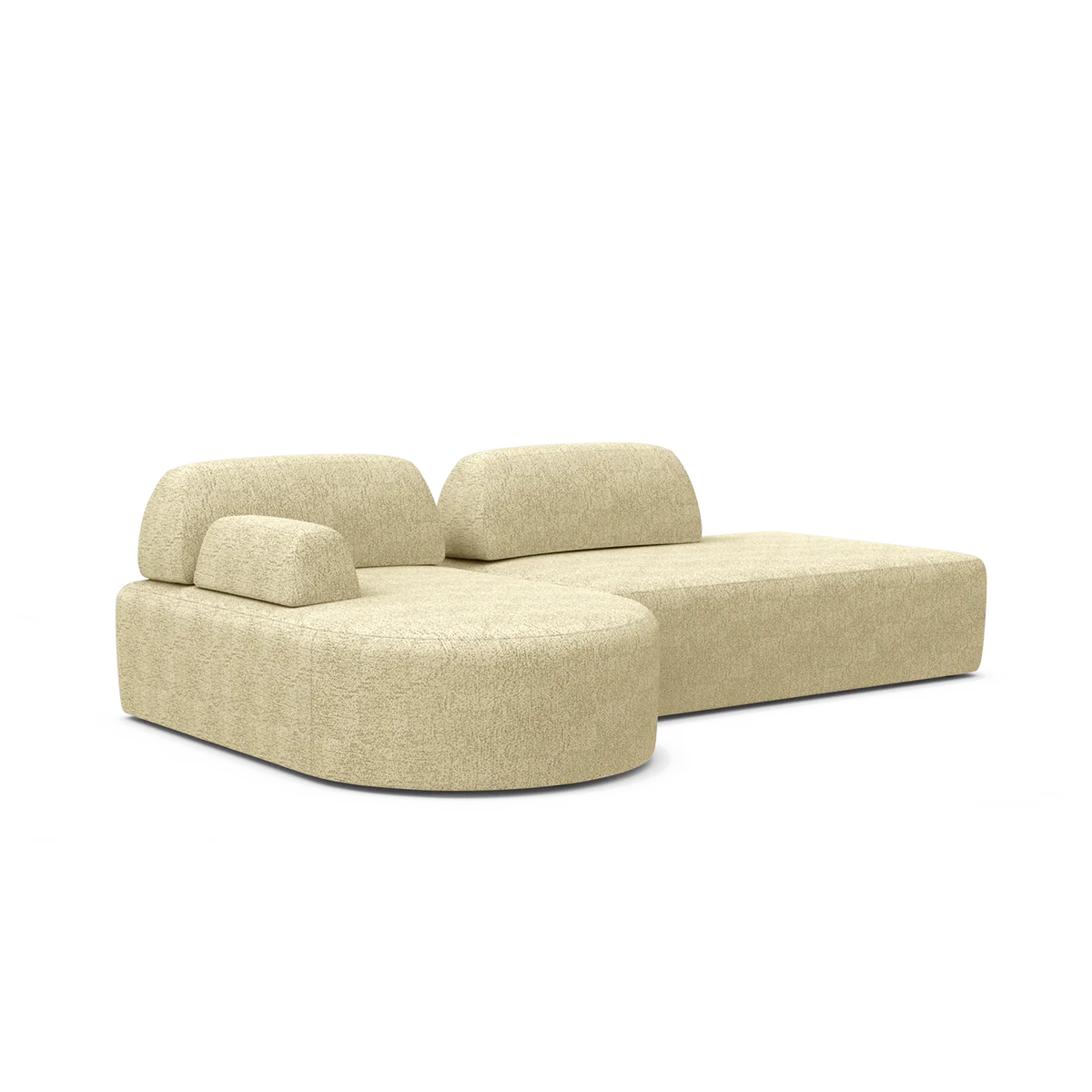 The Magna Preconfigured Sectional is a beige modern sofa with rounded edges, low backrests, and a chaise lounge on one side.