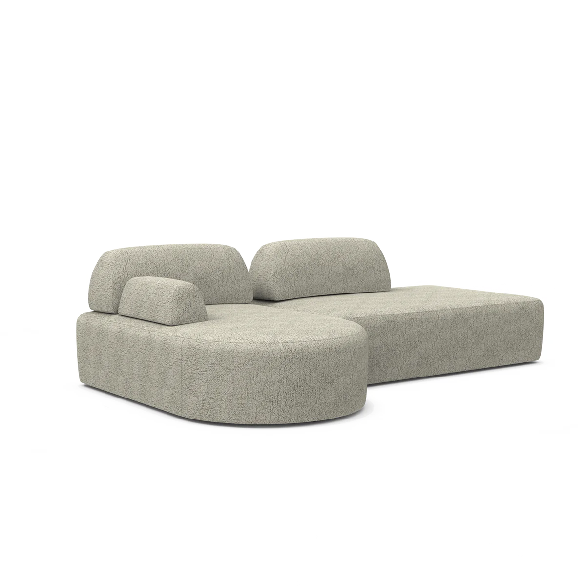 The Magna Preconfigured Sectional boasts a minimalist and modern design with light gray upholstery. It features two low, curved backrests and two rectangular seat cushions with rounded edges, giving it a sleek and contemporary appearance.