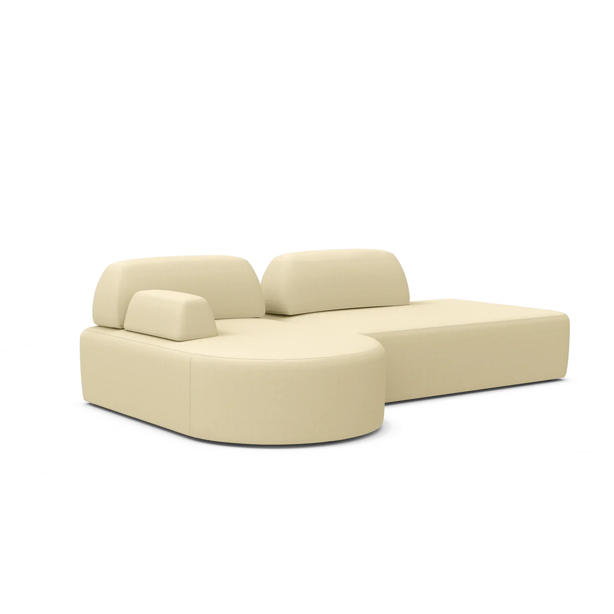 The Magna Preconfigured Sectional is a modern beige L-shaped sofa with smooth cushions, a rounded end, and adjustable headrests.