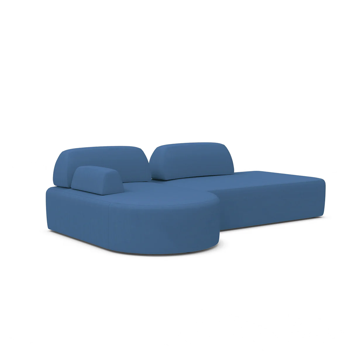 The Magna Preconfigured Sectional is a contemporary blue sectional sofa with a distinctive curved design, featuring multiple cushions and a chaise lounge extension on the right side. Its minimalist style stands out against a plain white background.