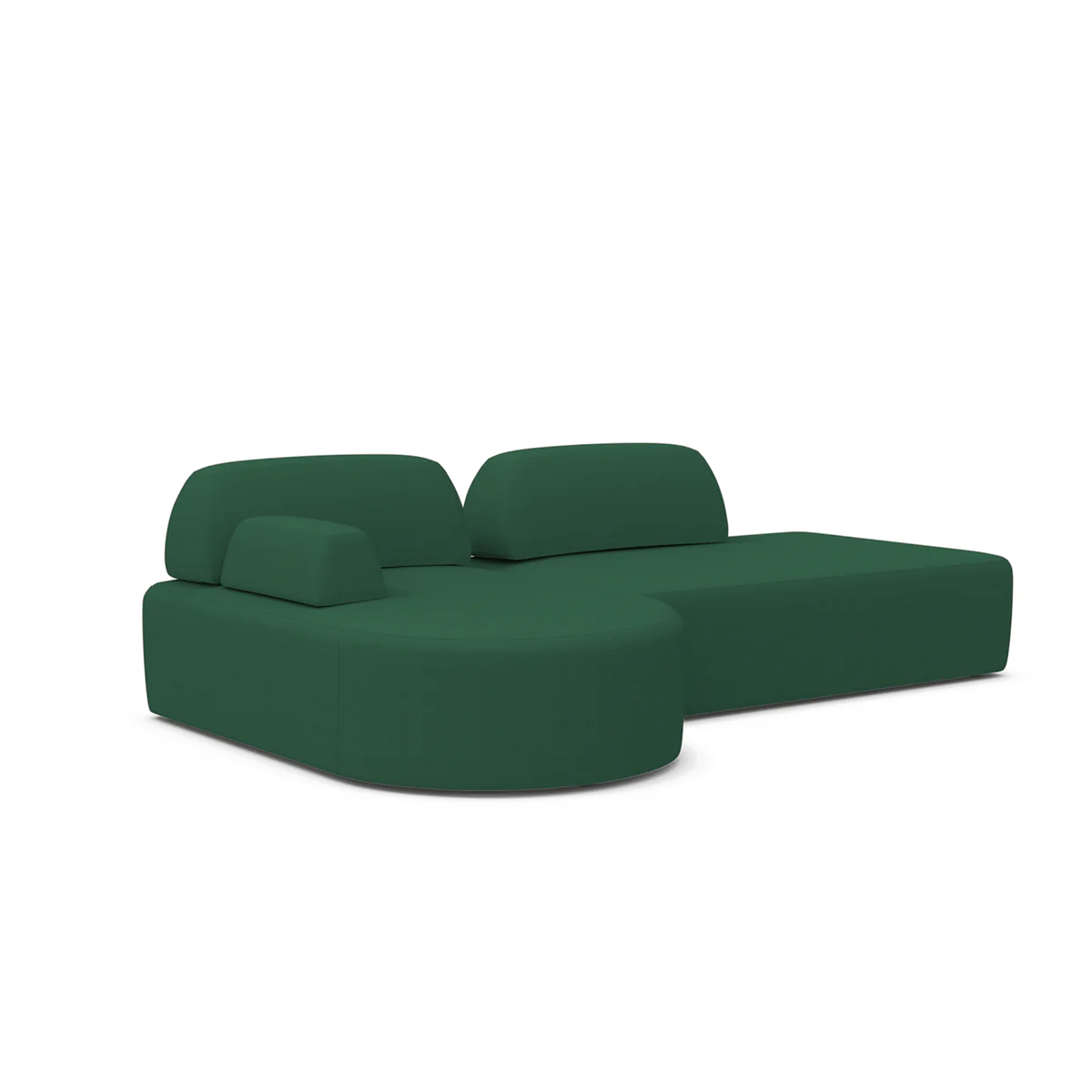 The Magna Preconfigured Sectional is a green sofa with rounded edges, featuring a chaise lounge on the right side. Its design is modern and minimalist, showcasing smooth, clean lines and concealed legs.