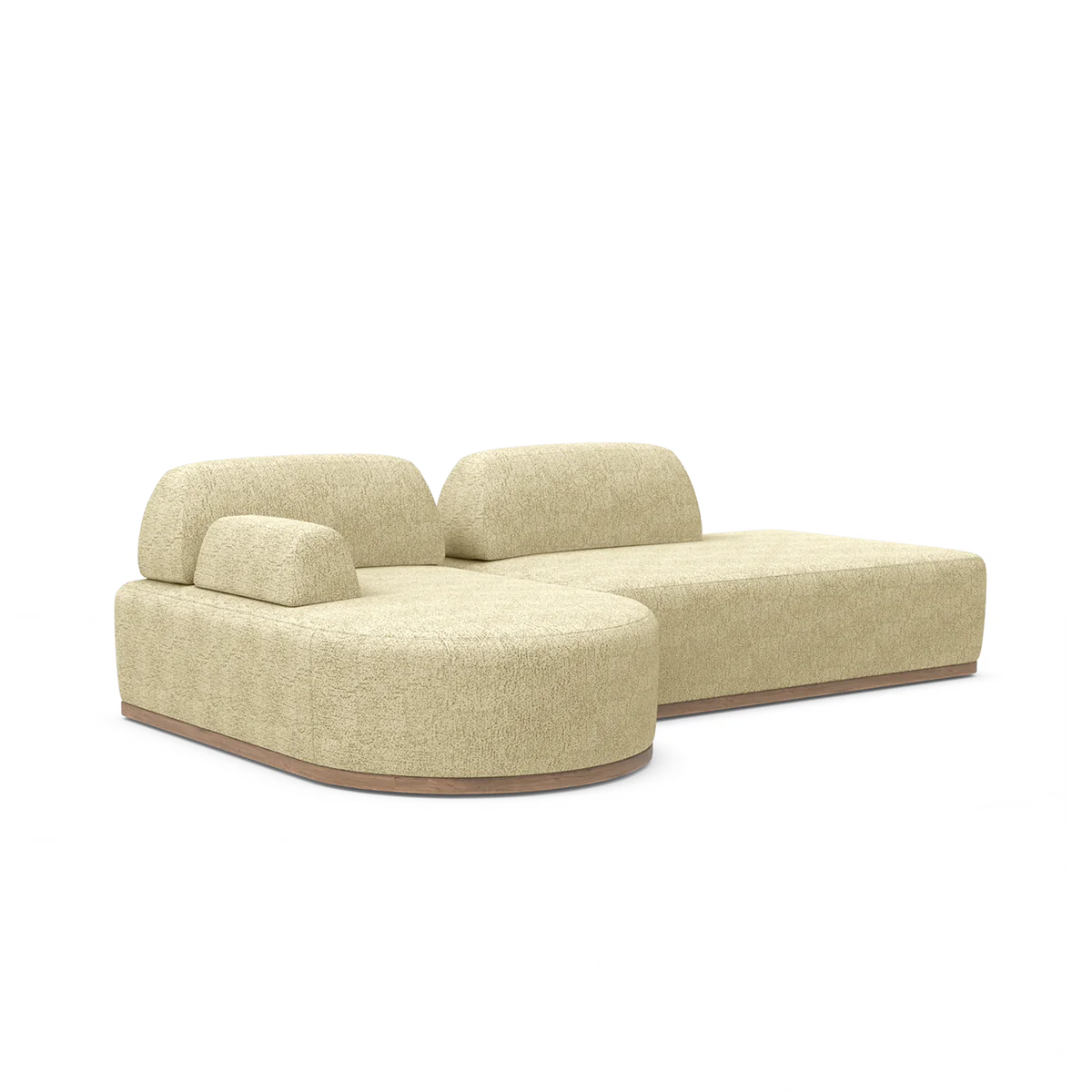 Introducing the Magna Preconfigured Sectional: a modern beige modular sofa featuring plush cushions and a low backrest. Its design includes rounded edges and a wooden base, providing a contemporary and comfortable seating option.