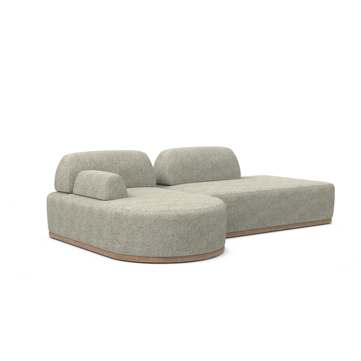 The Magna Preconfigured Sectional is a modern, gray, two-piece modular sofa with textured fabric and a wooden base. It boasts rounded edges and an asymmetrical backrest, making it perfect for a contemporary living room.