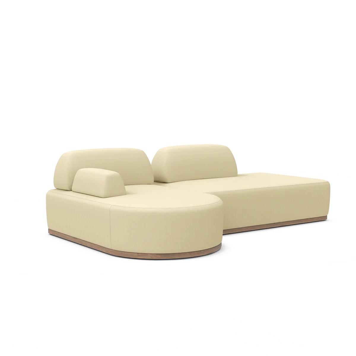 The Magna Preconfigured Sectional is a modern beige sofa with a low backrest and plush cushions, characterized by its smooth curves and minimalist design. It features a thin, flat base that enhances its contemporary and stylish appearance.