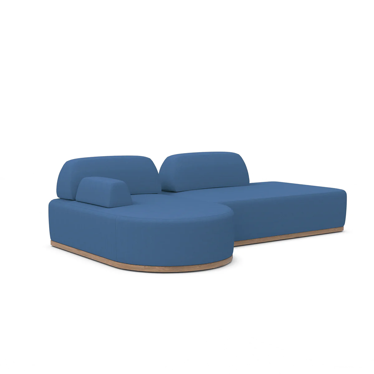 The Magna Preconfigured Sectional is a contemporary blue sofa with rounded edges and a wooden base, set against a white background. It boasts soft, minimalist lines and includes a right-side chaise lounge section.