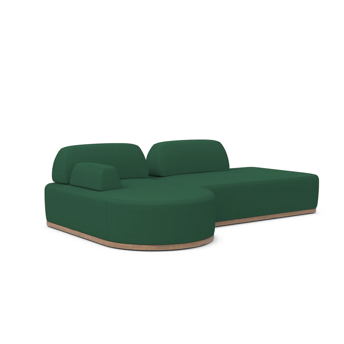 Introducing the Magna Preconfigured Sectional: a sleek sectional sofa in a vibrant green, featuring a minimalist design set against a white background. This contemporary piece includes smooth, rounded edges and is composed of two main sections—one with a comfortable backrest and the other extending into an elegant chaise lounge.