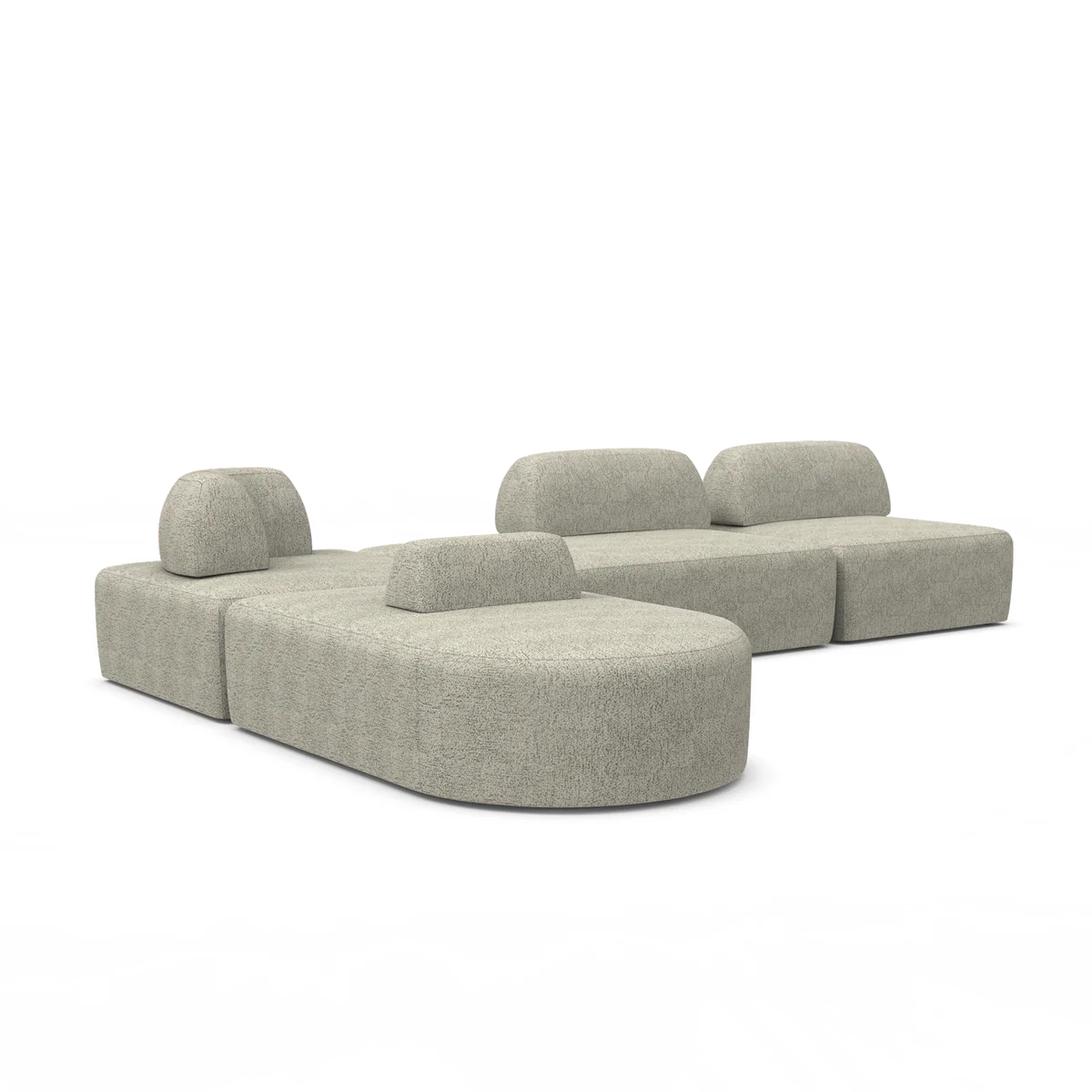 The Magna Preconfigured Sectional is a modular sofa set in grey that showcases a rounded, minimalist design. It consists of multiple sections, including two low-rise backrests and separate cushion pieces arranged on a white background.