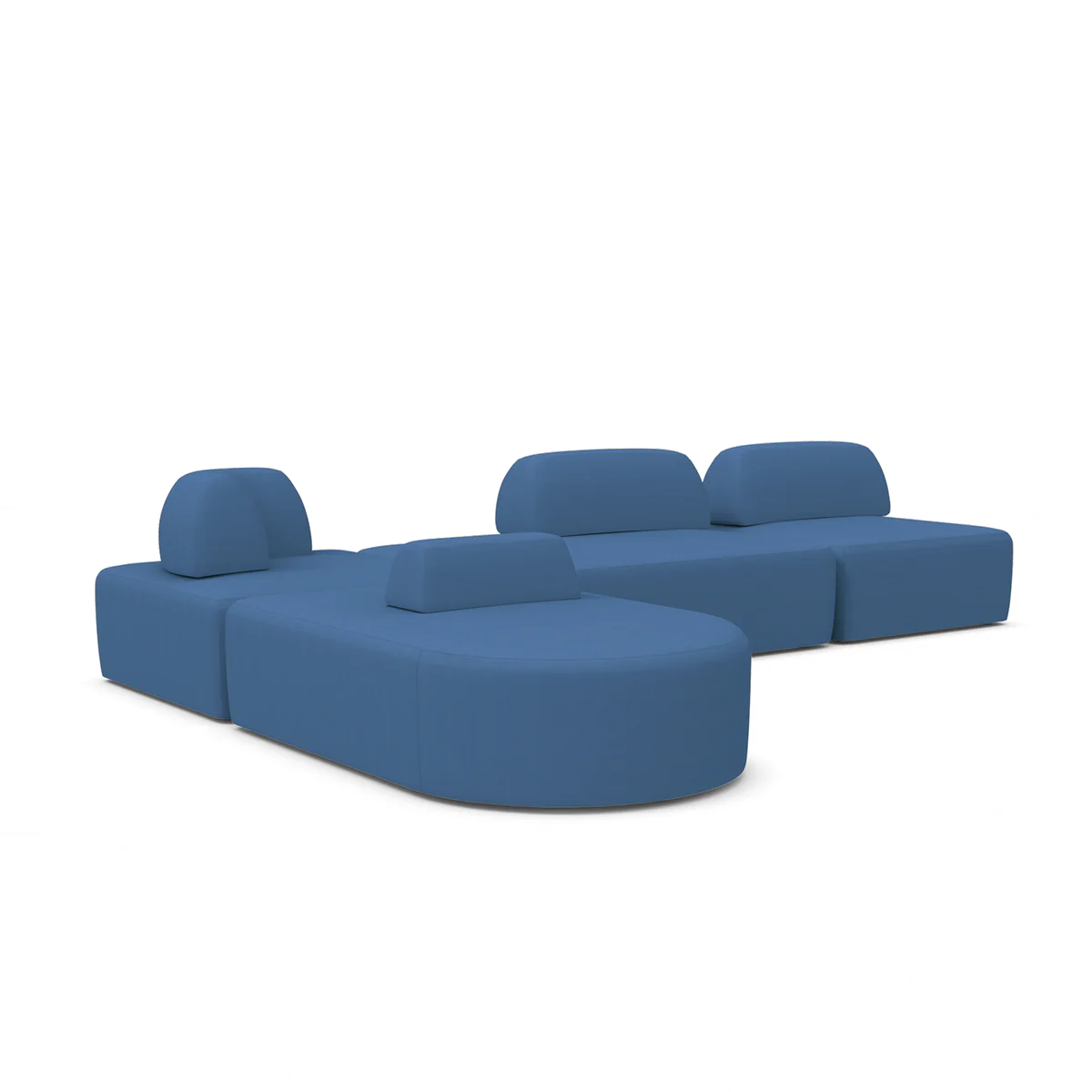 The Magna Preconfigured Sectional is a modular blue sofa set featuring various sections, such as a chaise and different backrest configurations, all displayed on a white background. Its design is contemporary and minimalist.