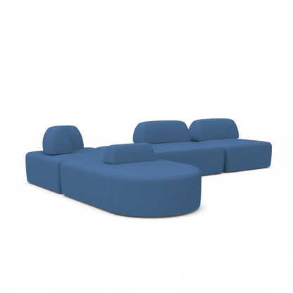 The Magna Preconfigured Sectional is a modular blue sofa set featuring various sections, such as a chaise and different backrest configurations, all displayed on a white background. Its design is contemporary and minimalist.