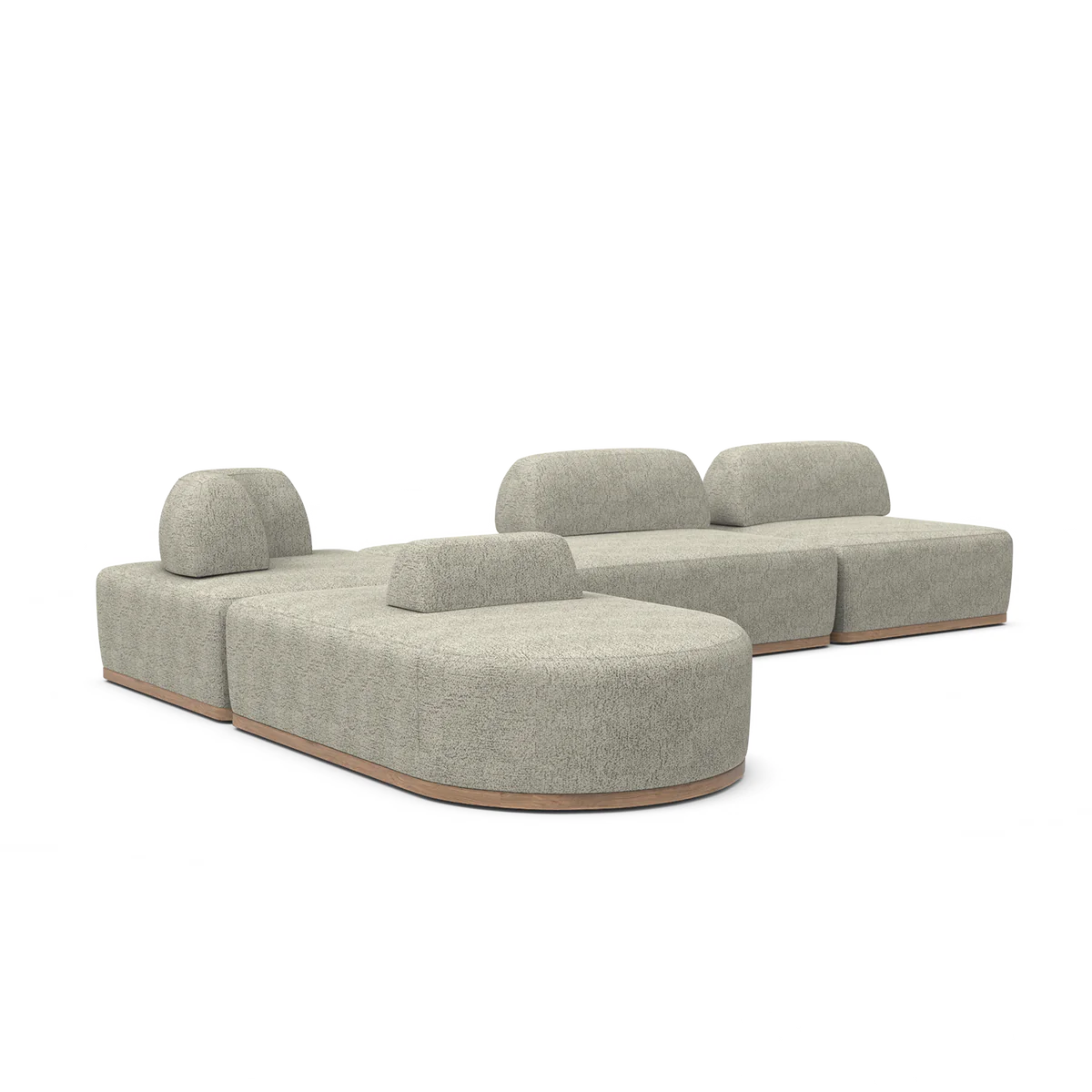 The Magna Preconfigured Sectional is a modular, beige sofa with a contemporary design. It features rounded edges, multiple cushioned sections, and rests on a low wooden base.