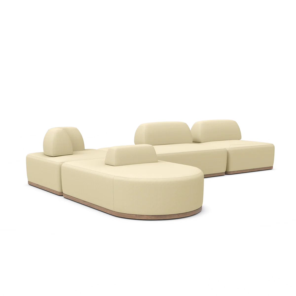 Introducing the Magna Preconfigured Sectional: a modular beige sofa featuring smooth, rounded edges and a wooden base. This contemporary piece includes multiple cushioned seating units, some equipped with backrests, arranged in a U-shape to form a cozy and versatile seating area.