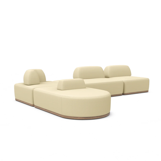 Introducing the Magna Preconfigured Sectional: a modular beige sofa featuring smooth, rounded edges and a wooden base. This contemporary piece includes multiple cushioned seating units, some equipped with backrests, arranged in a U-shape to form a cozy and versatile seating area.