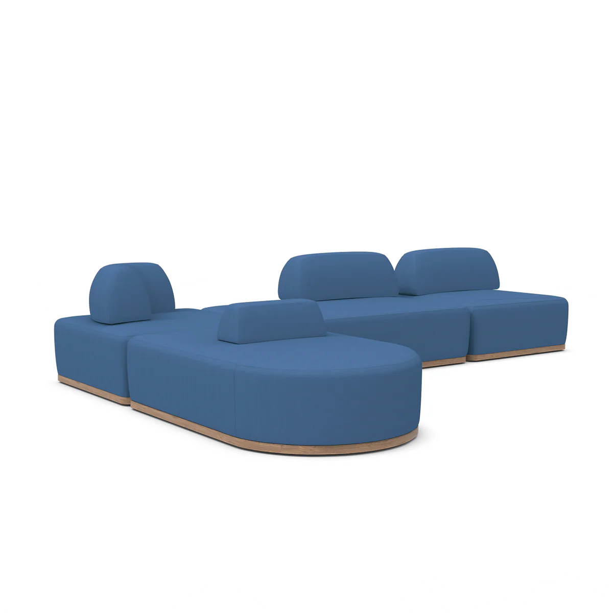 Introducing the Magna Preconfigured Sectional: a modern modular sofa with a blue fabric finish. This versatile piece features round and rectangular sections that can be arranged to create a dynamic seating area, complete with a low backrest and wooden base—perfect for contemporary living spaces.