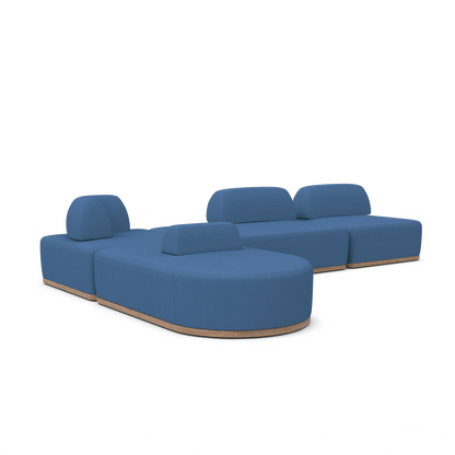 Introducing the Magna Preconfigured Sectional: a modern modular sofa with a blue fabric finish. This versatile piece features round and rectangular sections that can be arranged to create a dynamic seating area, complete with a low backrest and wooden base—perfect for contemporary living spaces.